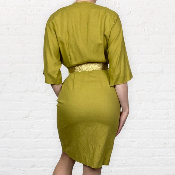 VINTAGE | 1980’s Barbara Barbara Sheen Green Linen Blend Parisian Wrap Dress - Picture 2 of 12